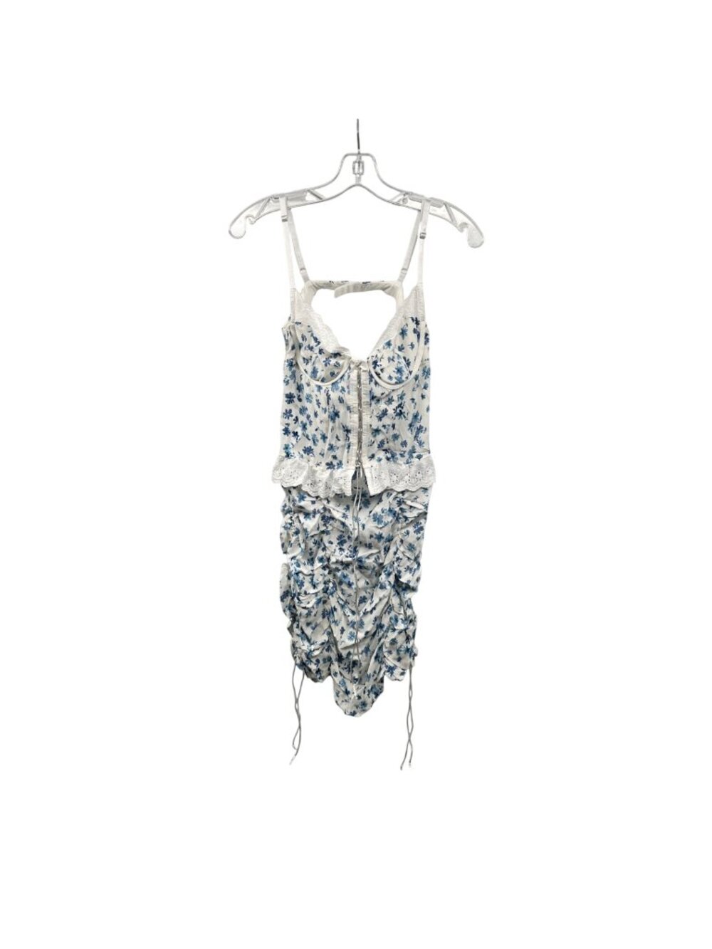 Sky To Moon Floral Corset Dress Ruched White/Blue Mini Sleeveless Size Large